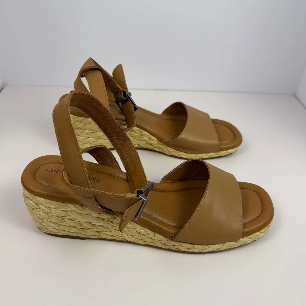 Lucky Brand Boho Minimalist Womens Espadrille Wedge Sandals Tan Leather